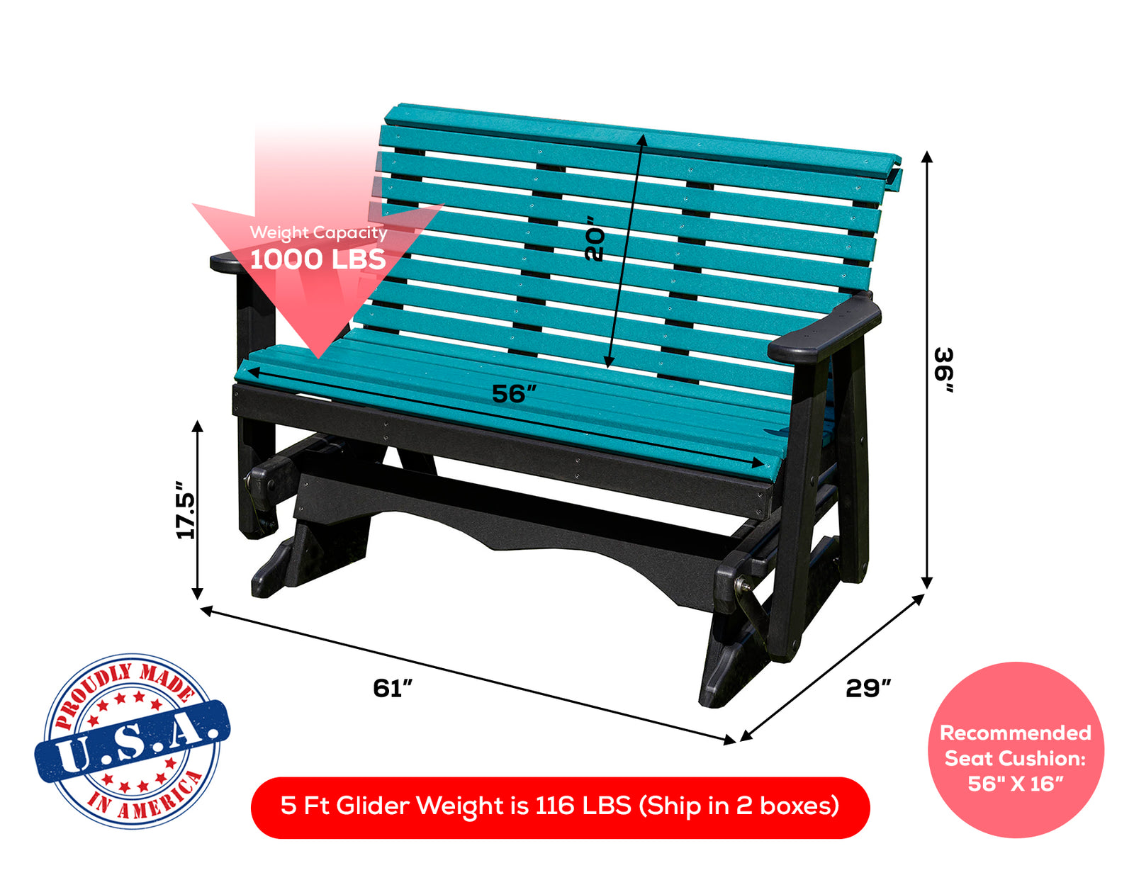 Glider Handmade by Amish Artisans in USA Poly Lumber wood Lancaster series Roll Back Porch Glider Heavy Duty Everlasting PolyTuf HDPE