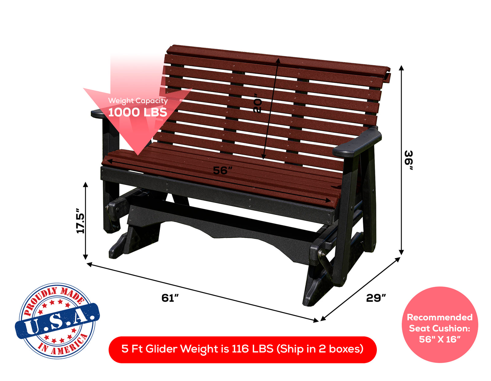 Glider Handmade by Amish Artisans in USA Poly Lumber wood Lancaster series Roll Back Porch Glider Heavy Duty Everlasting PolyTuf HDPE