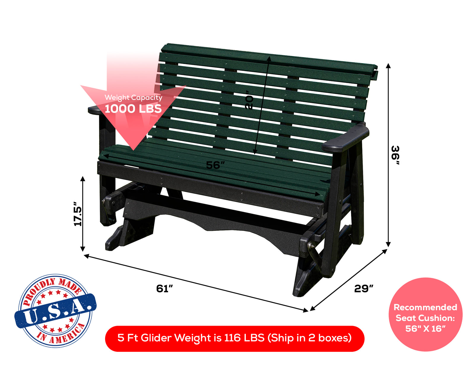 Glider Handmade by Amish Artisans in USA Poly Lumber wood Lancaster series Roll Back Porch Glider Heavy Duty Everlasting PolyTuf HDPE