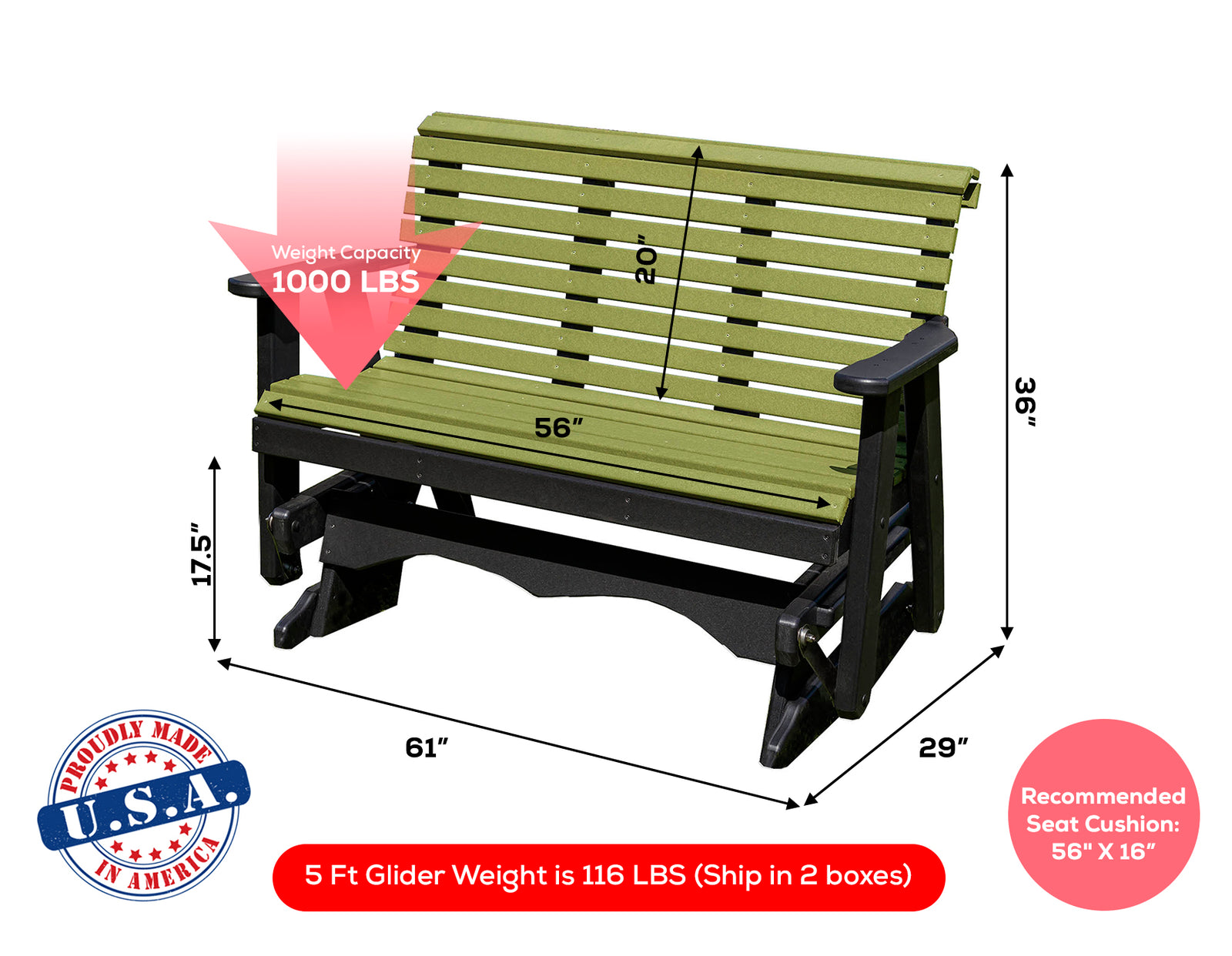 Glider Handmade by Amish Artisans in USA Poly Lumber wood Lancaster series Roll Back Porch Glider Heavy Duty Everlasting PolyTuf HDPE