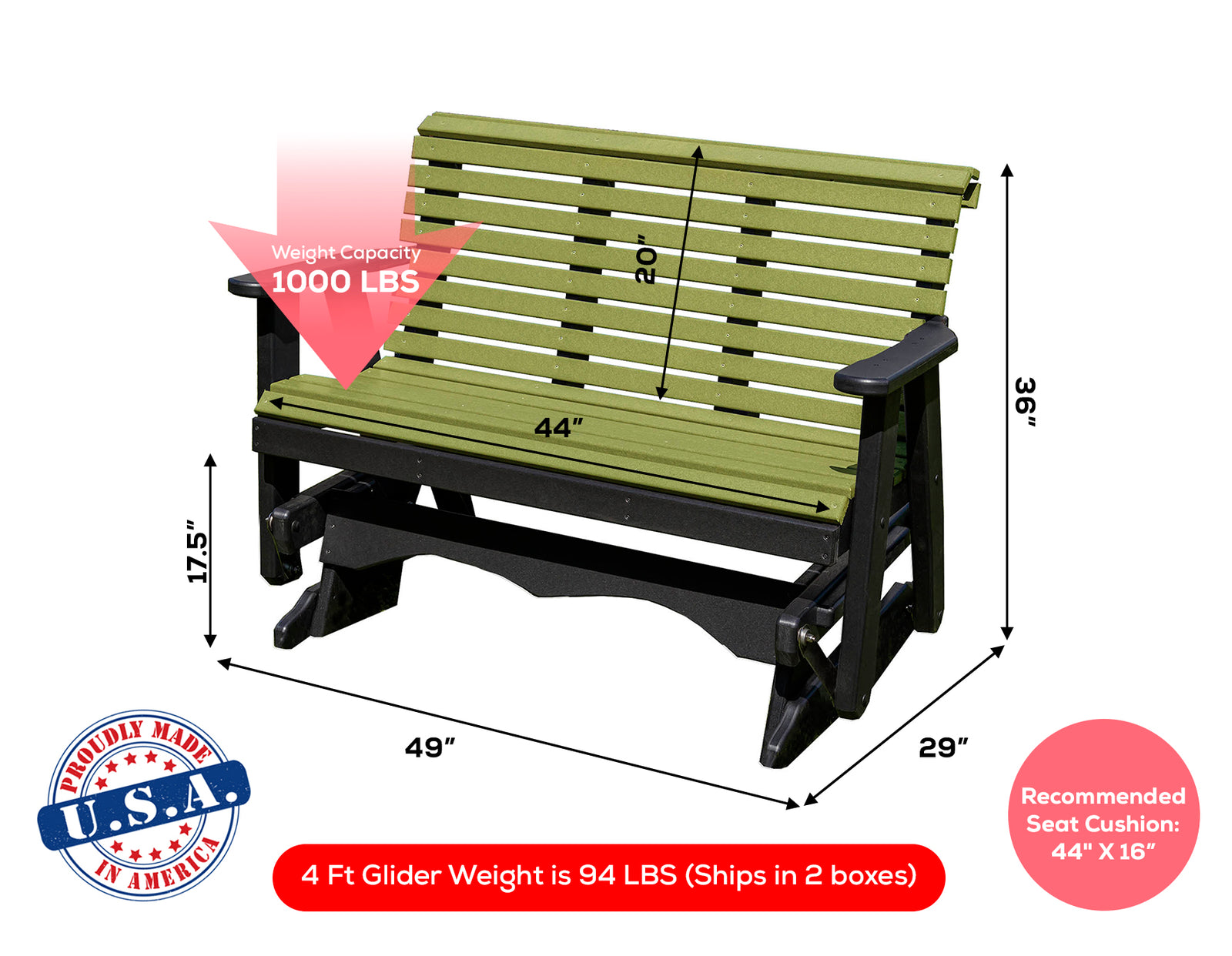 Glider Handmade by Amish Artisans in USA Poly Lumber wood Lancaster series Roll Back Porch Glider Heavy Duty Everlasting PolyTuf HDPE