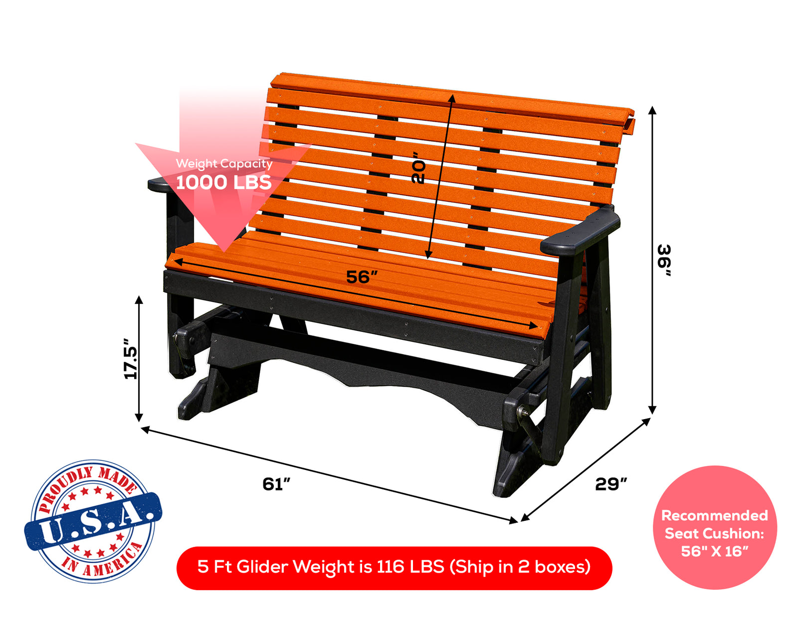 Glider Handmade by Amish Artisans in USA Poly Lumber wood Lancaster series Roll Back Porch Glider Heavy Duty Everlasting PolyTuf HDPE