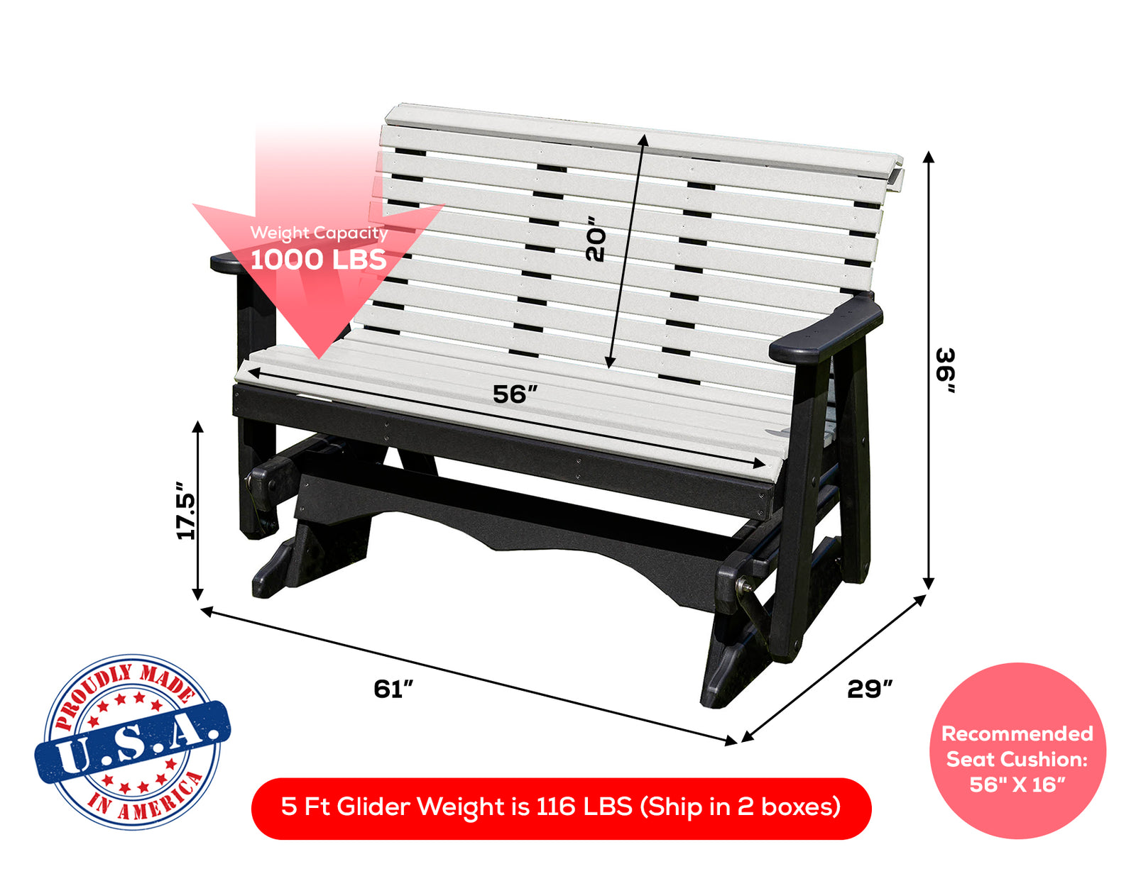 Glider Handmade by Amish Artisans in USA Poly Lumber wood Lancaster series Roll Back Porch Glider Heavy Duty Everlasting PolyTuf HDPE