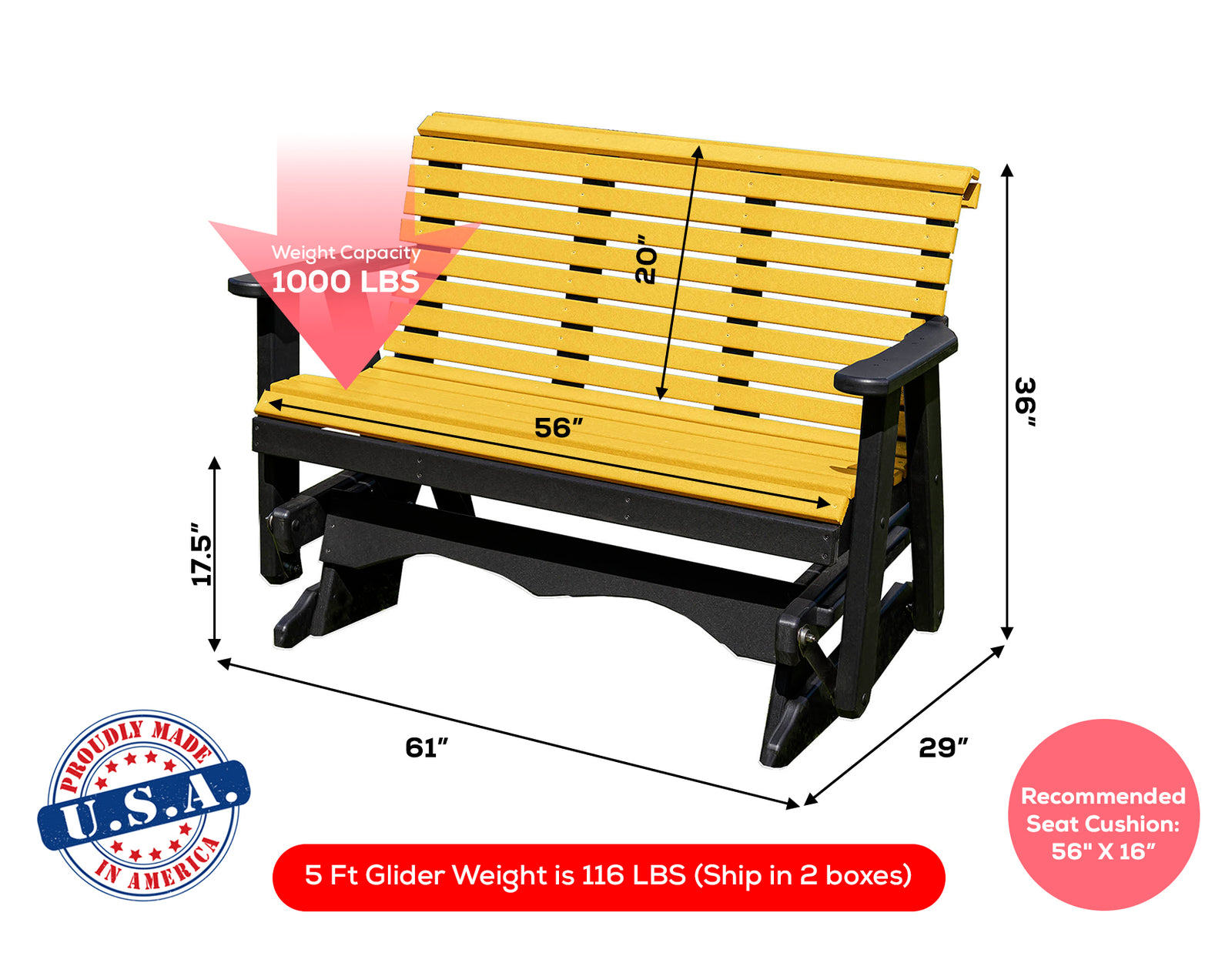 Glider Handmade by Amish Artisans in USA Poly Lumber wood Lancaster series Roll Back Porch Glider Heavy Duty Everlasting PolyTuf HDPE