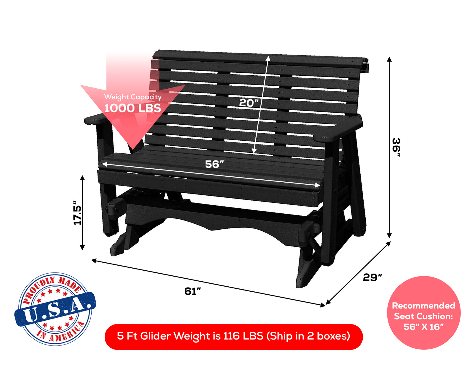 Glider Handmade by Amish Artisans in USA Poly Lumber wood Lancaster series Roll Back Porch Glider Heavy Duty Everlasting PolyTuf HDPE