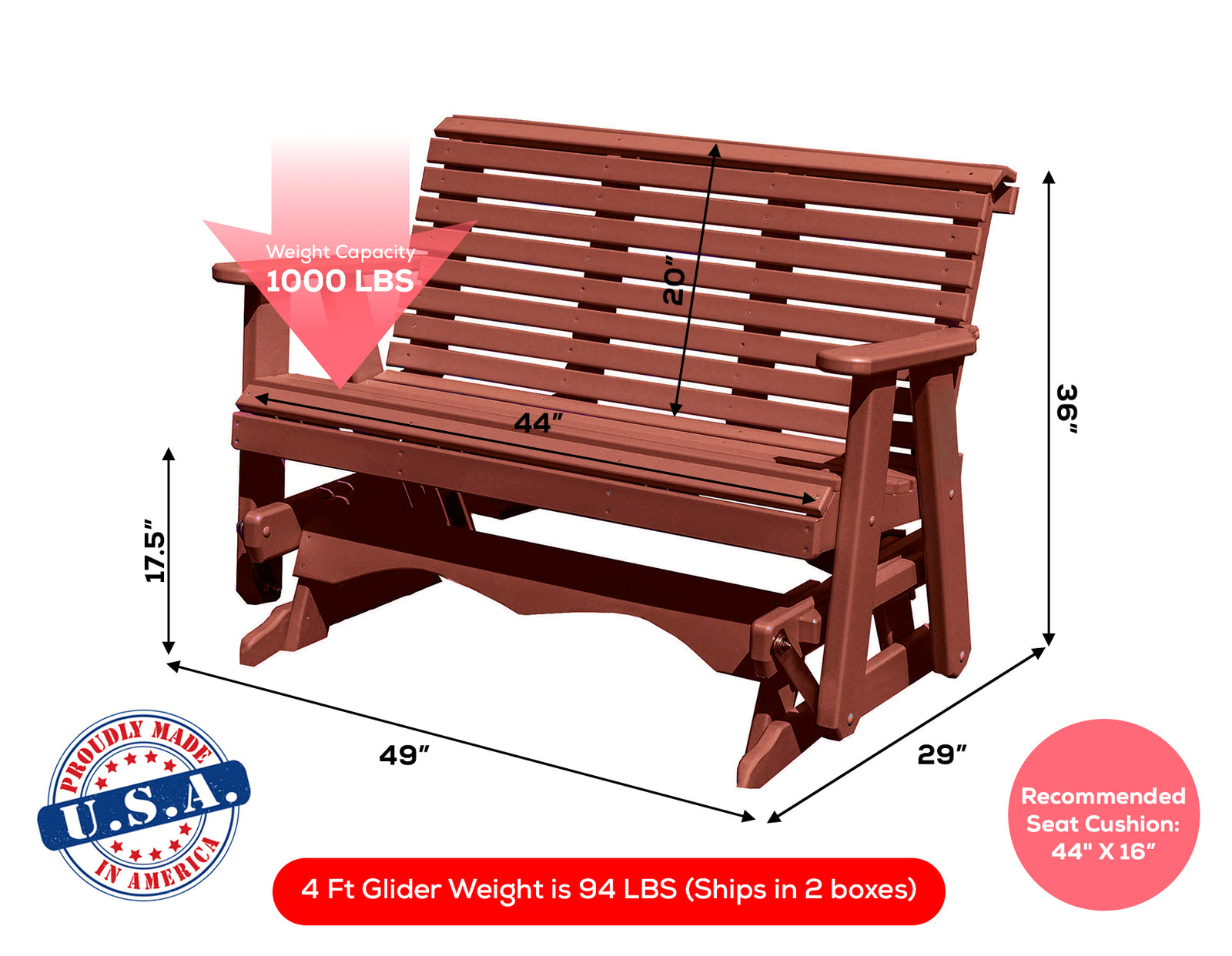 Amish Made Lancaster Series Poly Plastic Lumber Wood Glider Premium Colors Made in USA HDPE with No wood fibers Memorial Patio Porch Glider Rollback design 1000 lbs Limit+G4:G5