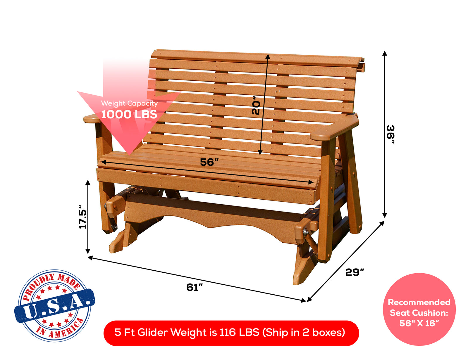 Amish Made Lancaster Series Poly Plastic Lumber Wood Glider Premium Colors Made in USA HDPE with No wood fibers Memorial Patio Porch Glider Rollback design 1000 lbs Limit+G4:G5