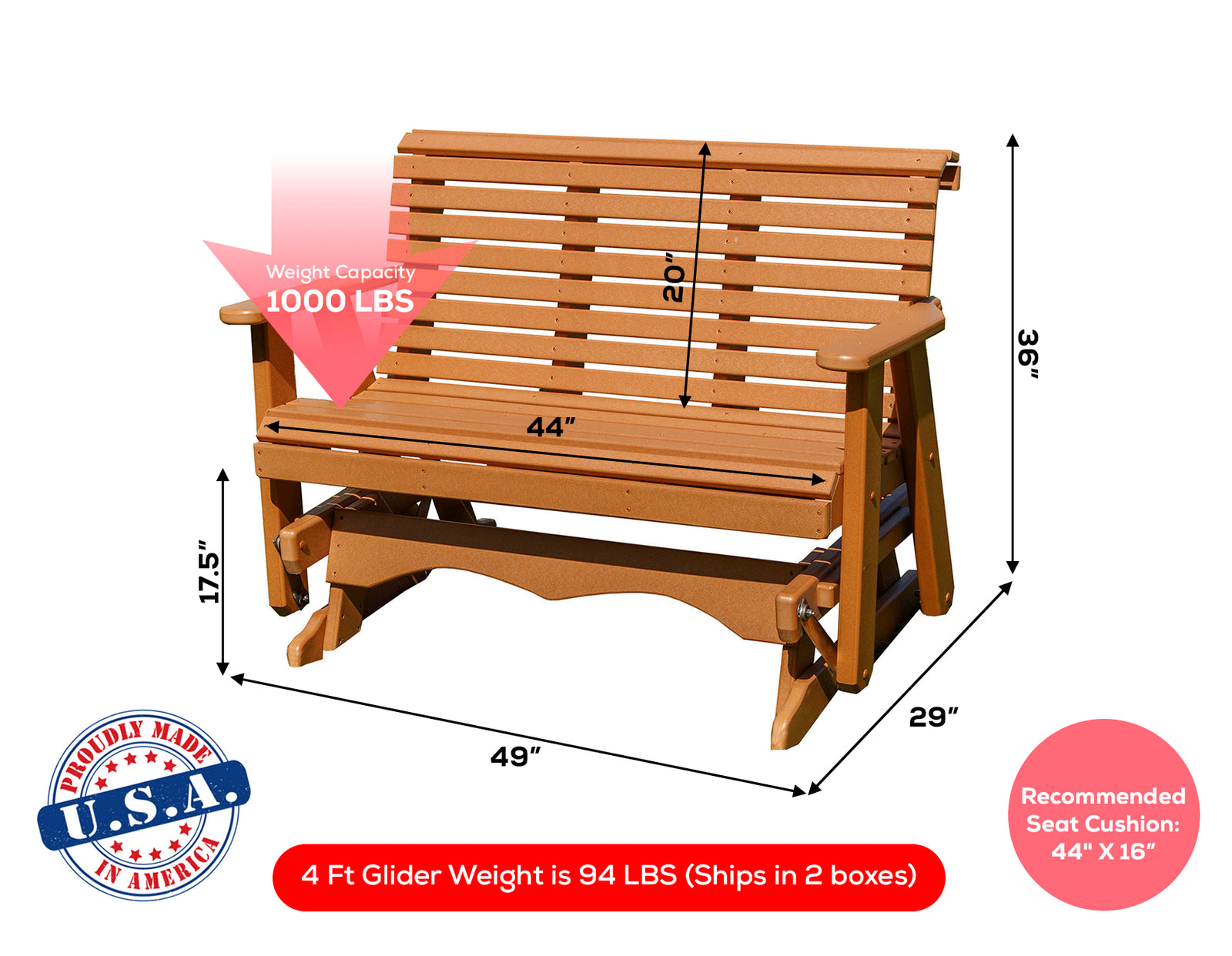 Amish Made Lancaster Series Poly Plastic Lumber Wood Glider Premium Colors Made in USA HDPE with No wood fibers Memorial Patio Porch Glider Rollback design 1000 lbs Limit+G4:G5