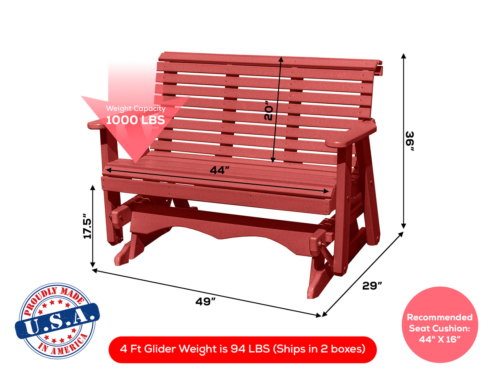 Amish Made Lancaster Series Poly Plastic Lumber Wood Glider Premium Colors Made in USA HDPE with No wood fibers Memorial Patio Porch Glider Rollback design 1000 lbs Limit+G4:G5