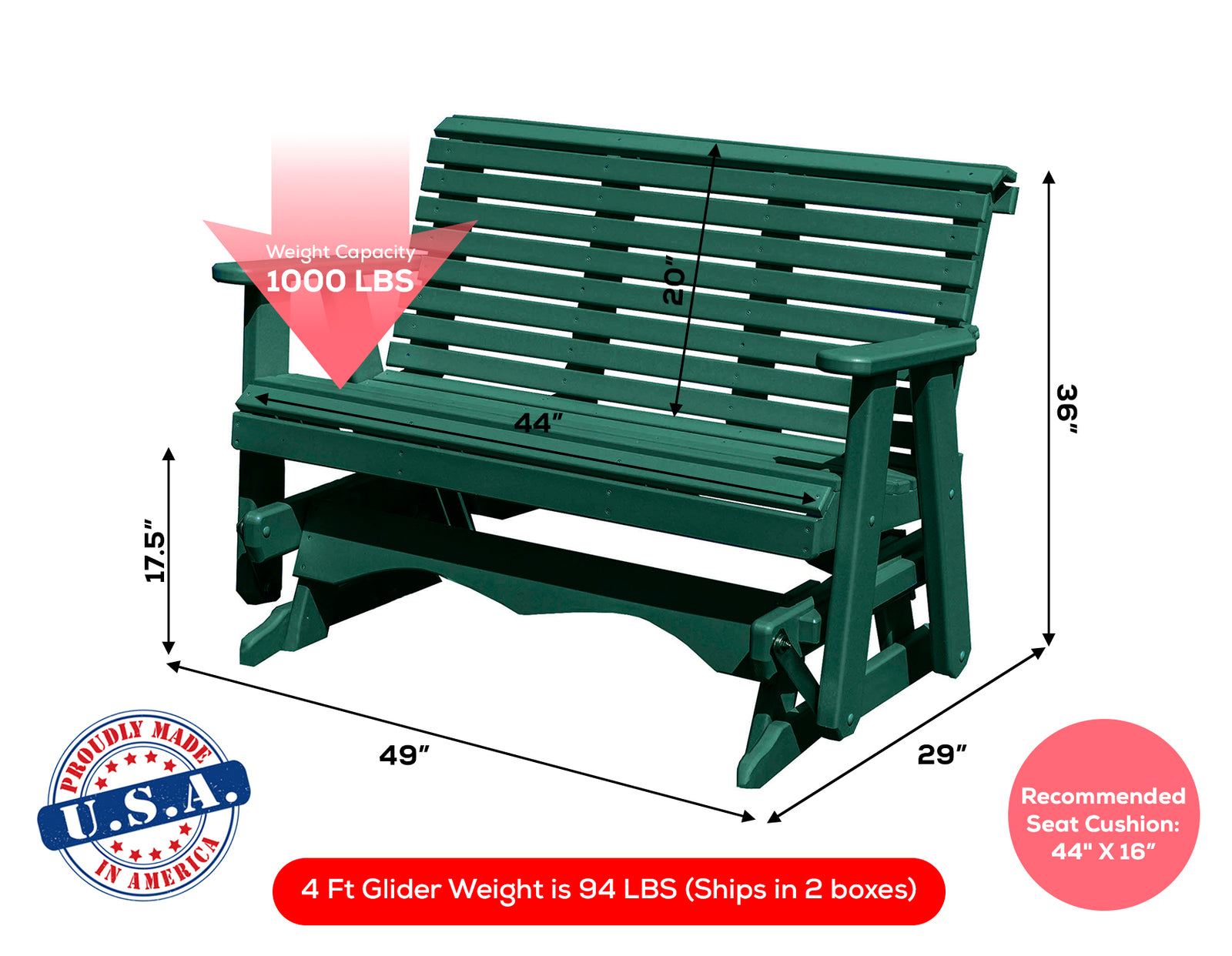 Amish Made Lancaster Series Poly Plastic Lumber Wood Glider Premium Colors Made in USA HDPE with No wood fibers Memorial Patio Porch Glider Rollback design 1000 lbs Limit+G4:G5