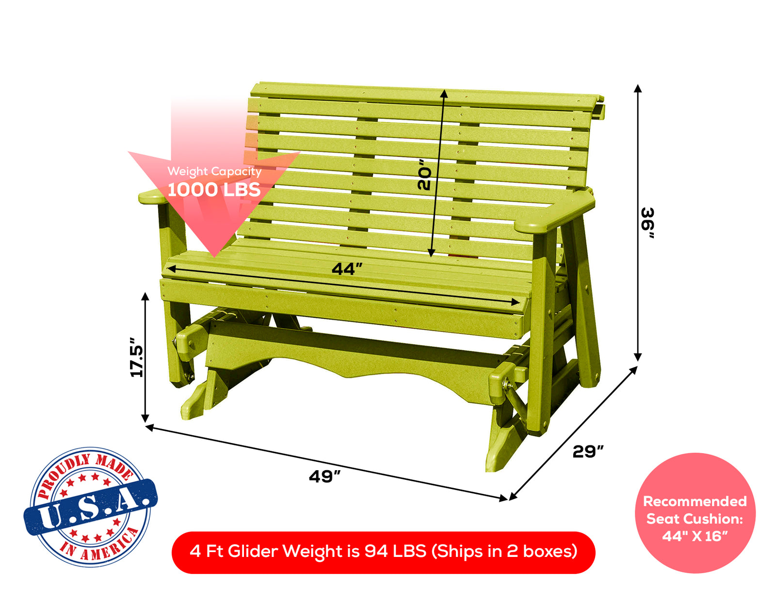 Amish Made Lancaster Series Poly Plastic Lumber Wood Glider Premium Colors Made in USA HDPE with No wood fibers Memorial Patio Porch Glider Rollback design 1000 lbs Limit+G4:G5