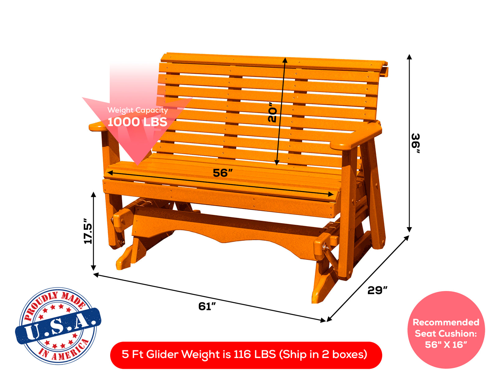 Amish Made Lancaster Series Poly Plastic Lumber Wood Glider Premium Colors Made in USA HDPE with No wood fibers Memorial Patio Porch Glider Rollback design 1000 lbs Limit+G4:G5