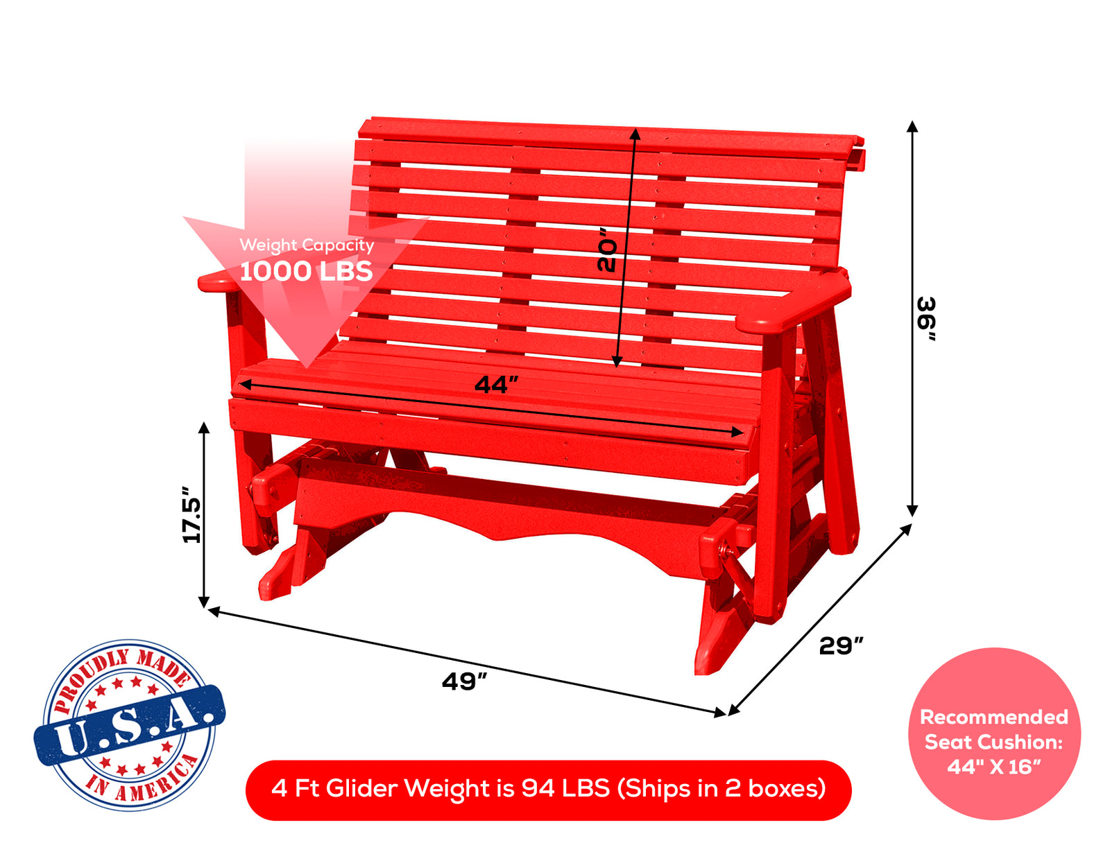 Amish Made Lancaster Series Poly Plastic Lumber Wood Glider Premium Colors Made in USA HDPE with No wood fibers Memorial Patio Porch Glider Rollback design 1000 lbs Limit+G4:G5