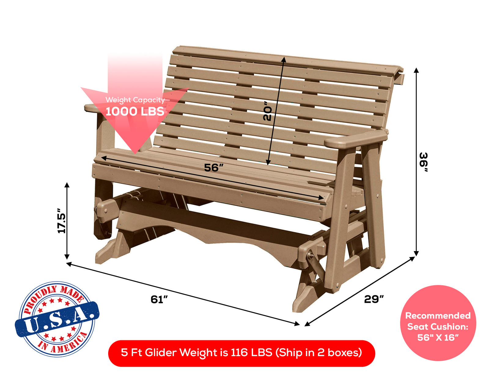 Amish Made Lancaster Series Poly Plastic Lumber Wood Glider Premium Colors Made in USA HDPE with No wood fibers Memorial Patio Porch Glider Rollback design 1000 lbs Limit+G4:G5