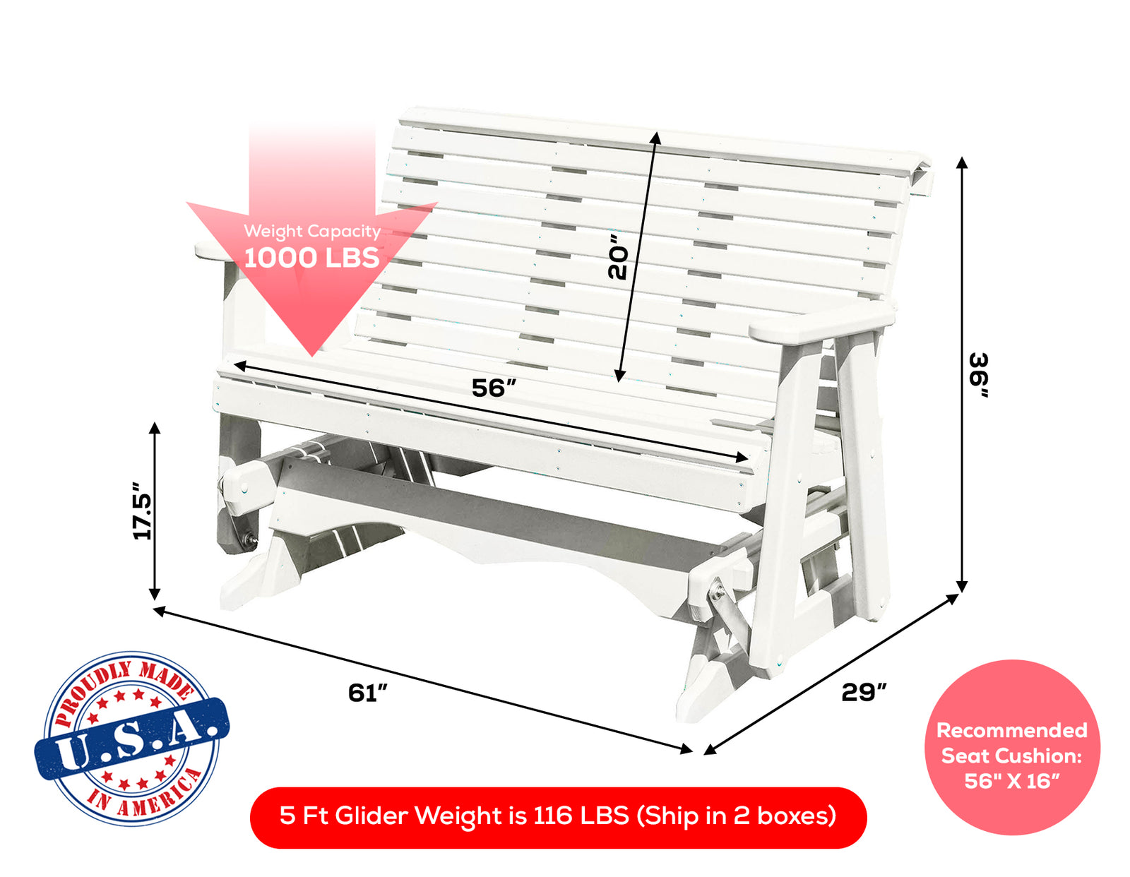 Amish Made Lancaster Series Poly Plastic Lumber Wood Glider Premium Colors Made in USA HDPE with No wood fibers Memorial Patio Porch Glider Rollback design 1000 lbs Limit+G4:G5