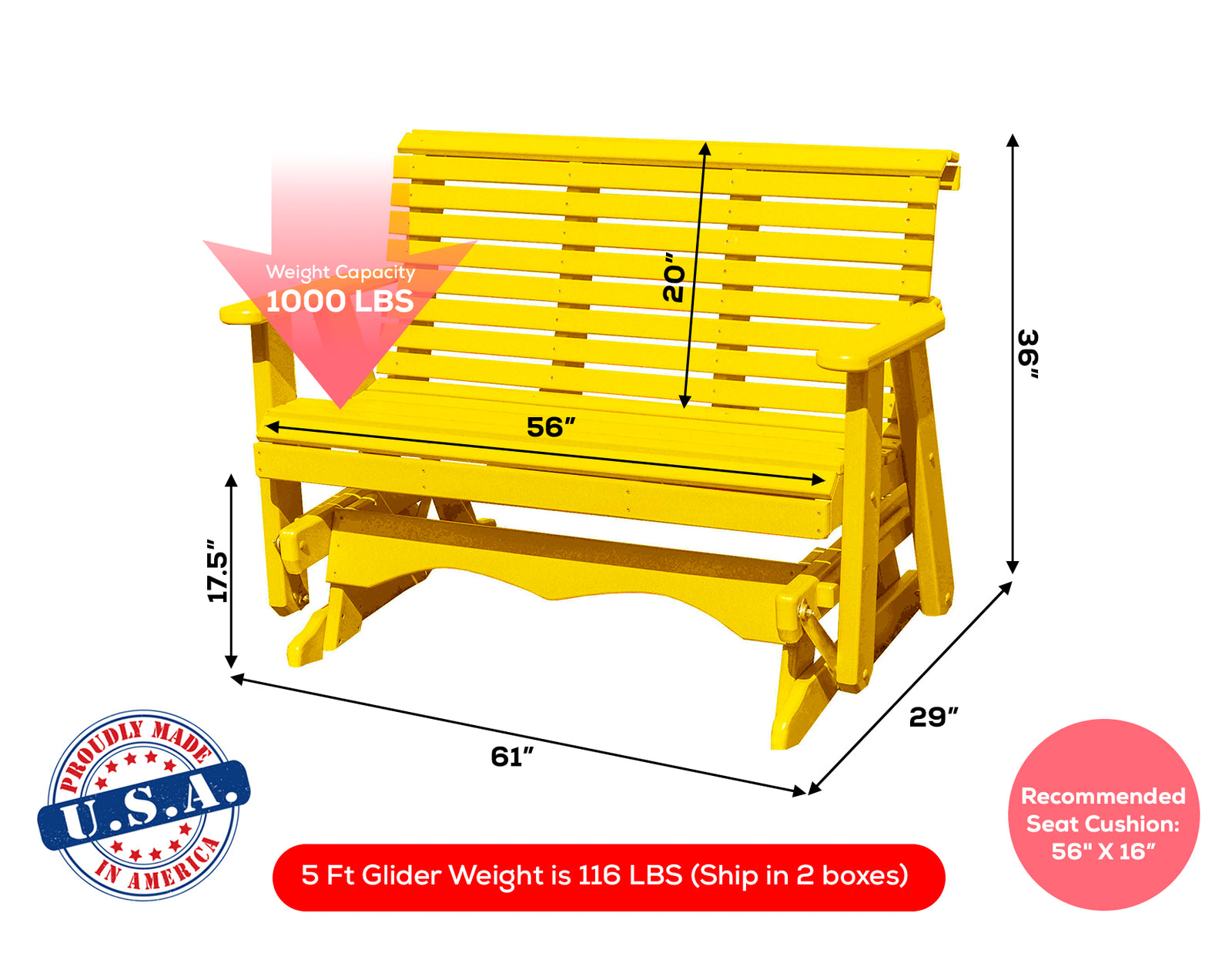 Amish Made Lancaster Series Poly Plastic Lumber Wood Glider Premium Colors Made in USA HDPE with No wood fibers Memorial Patio Porch Glider Rollback design 1000 lbs Limit+G4:G5