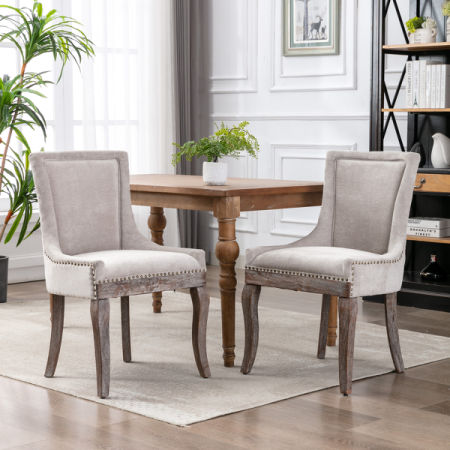 A&A Furniture,Ultra Side Dining Chair, Thickened fabric chairs with neutrally toned solid wood legs, Bronze nail head, Set of 2, Beige