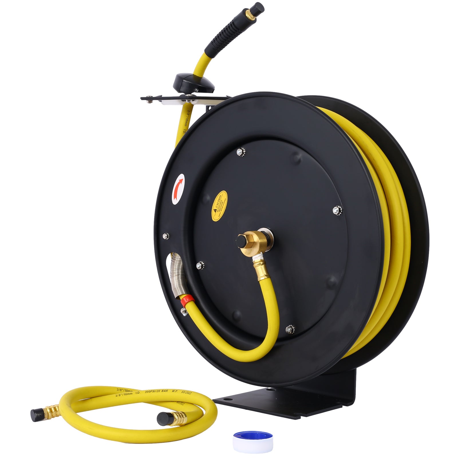 Air Hose Reel Retractable 3/8" Inch x 50' Foot SBR Rubber Hose Max 300PSI Heavy Duty Industrial Steel Single Arm Construction