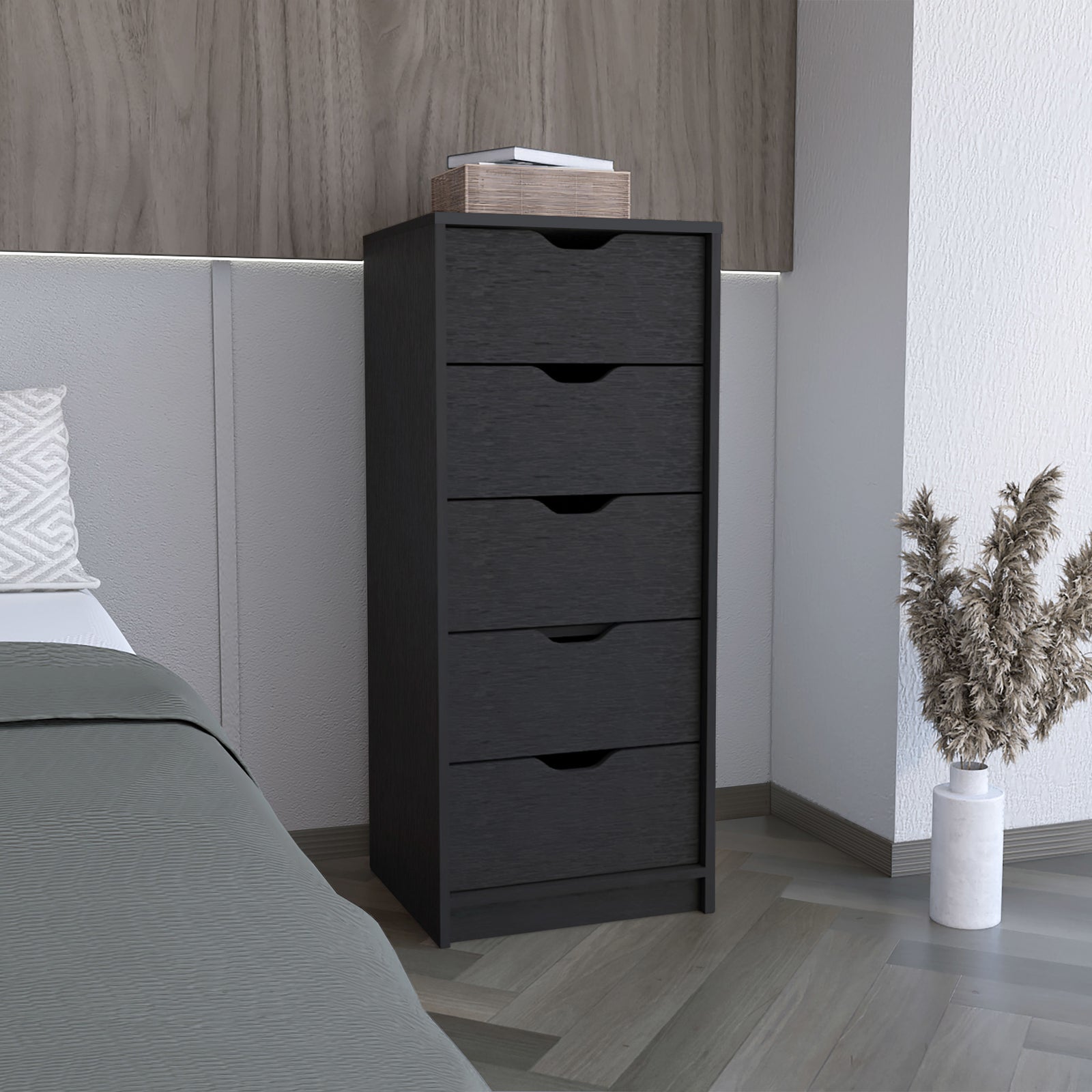 Basilea 5 Drawers Tall Dresser, Pull Out System -Black
