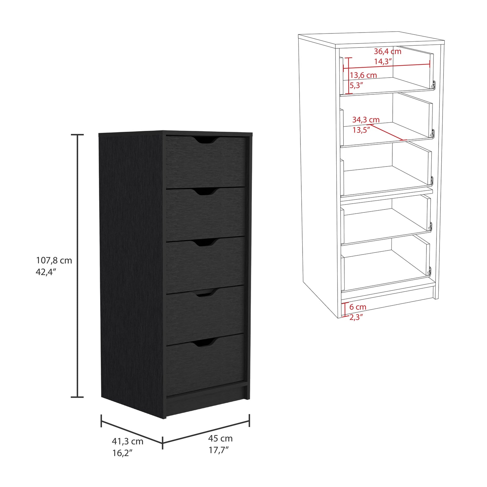 Basilea 5 Drawers Tall Dresser, Pull Out System -Black