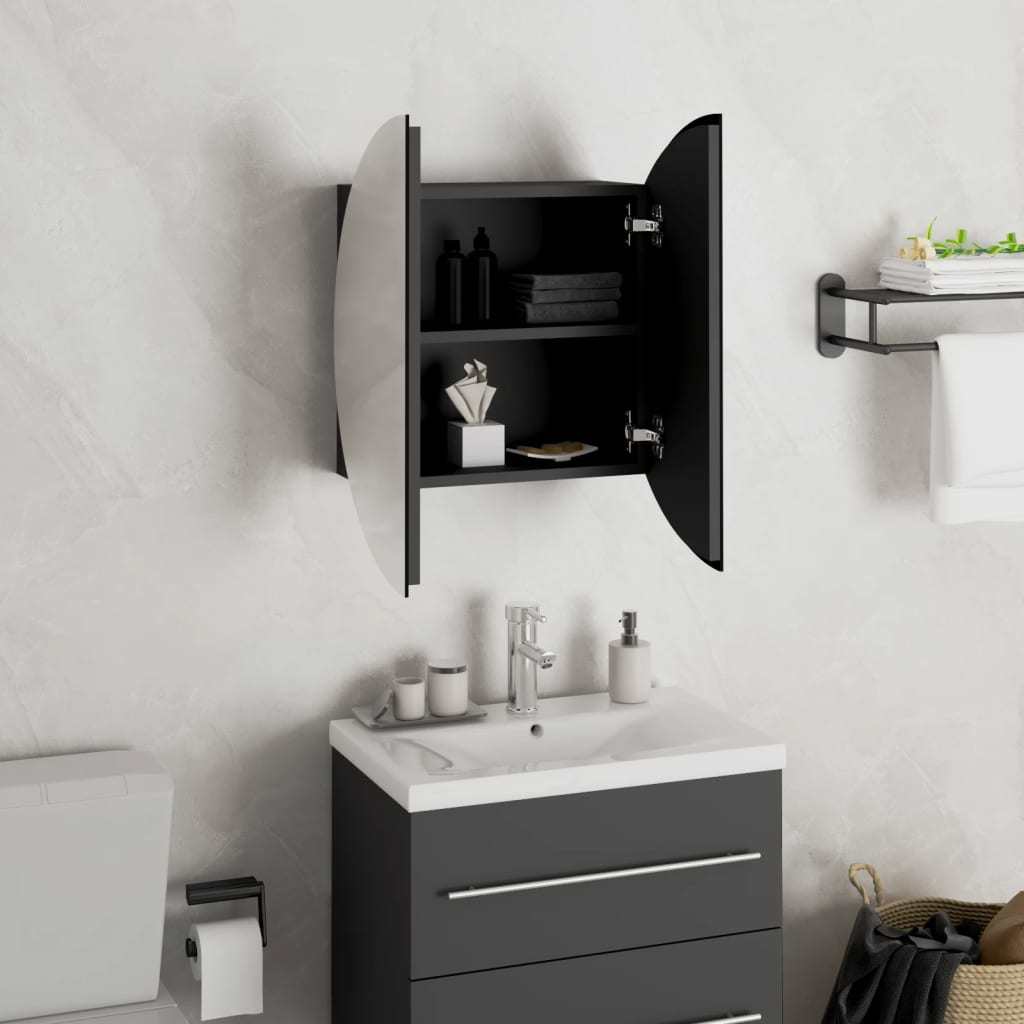 Bathroom Cabinet with Round Mirror&LED Black 15.7