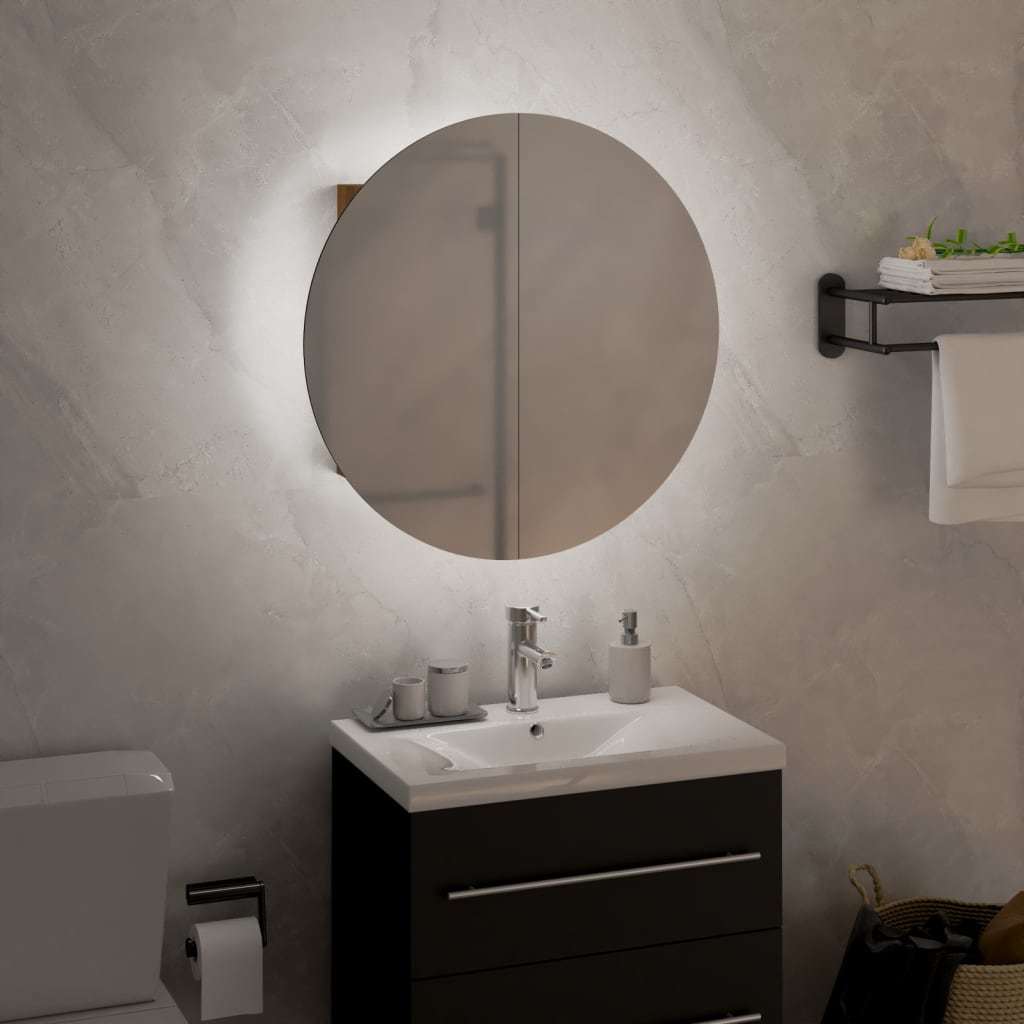Bathroom Cabinet with Round Mirror&LED Oak 15.7