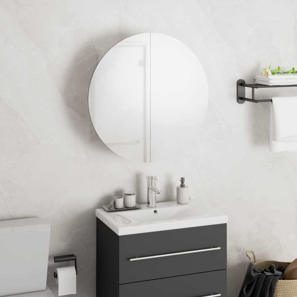 Bathroom Cabinet with Round Mirror&LED White 15.7