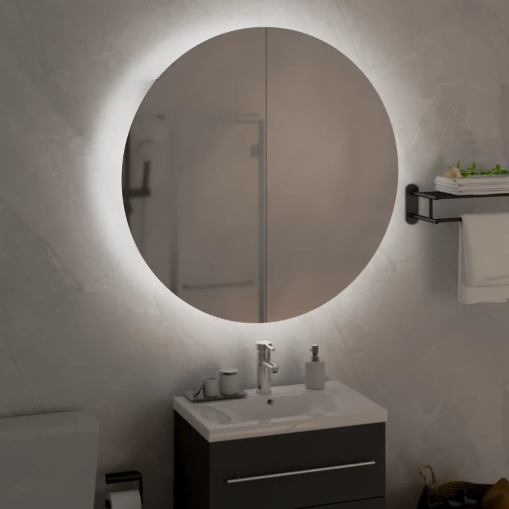 Bathroom Cabinet with Round Mirror&LED White 21.3