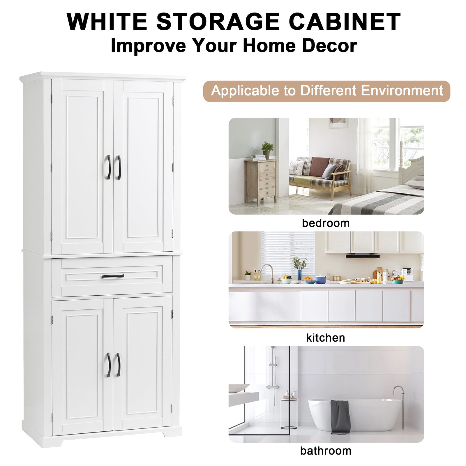 Bathroom Storage Cabinet with Doors and Drawer, Multiple Storage Space, Adjustable Shelf, White