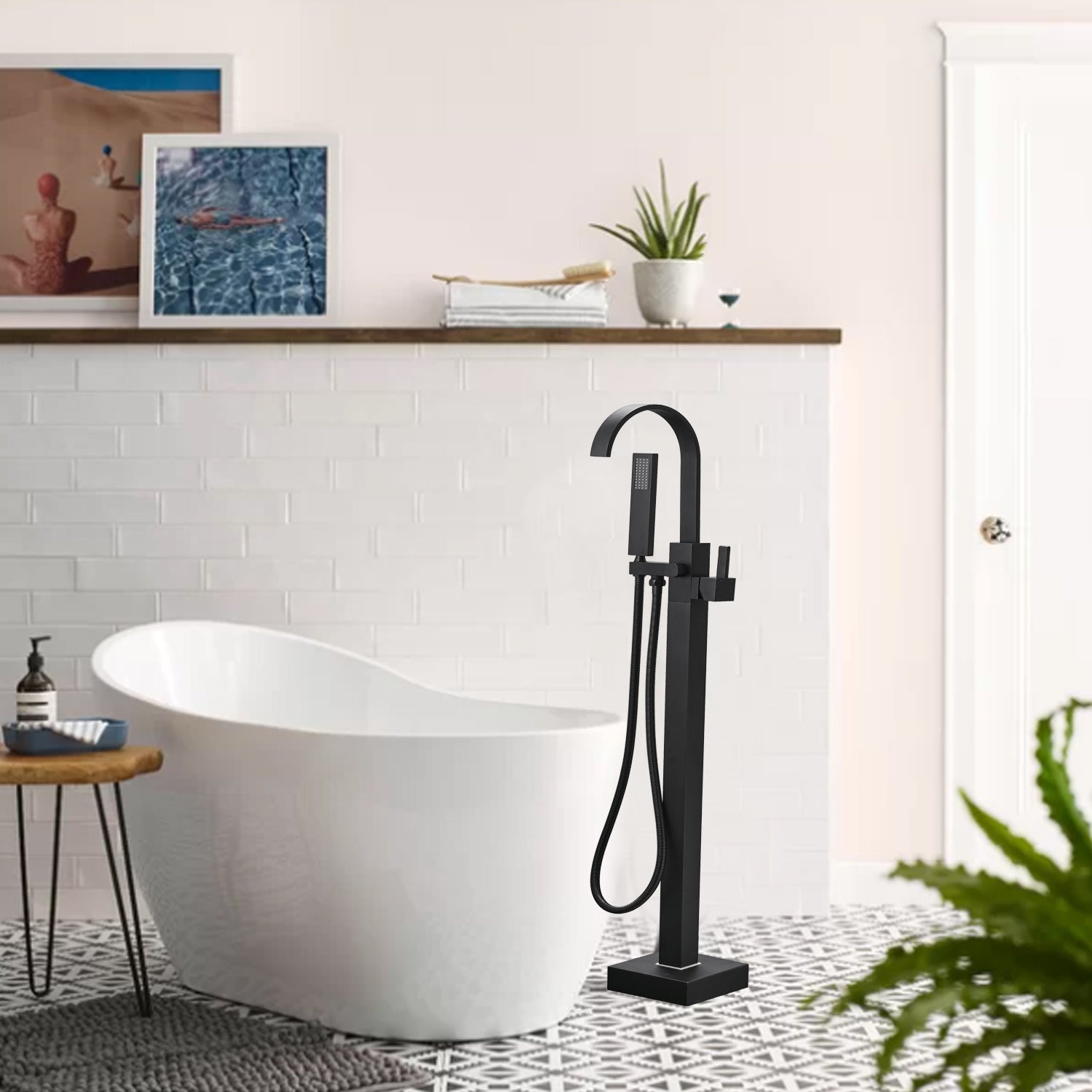Bathtub Faucet Free Standing Floor Mounted Tub Faucet Tub Filler, Bathroom High Flow Shower Faucets with Handheld Shower in Black