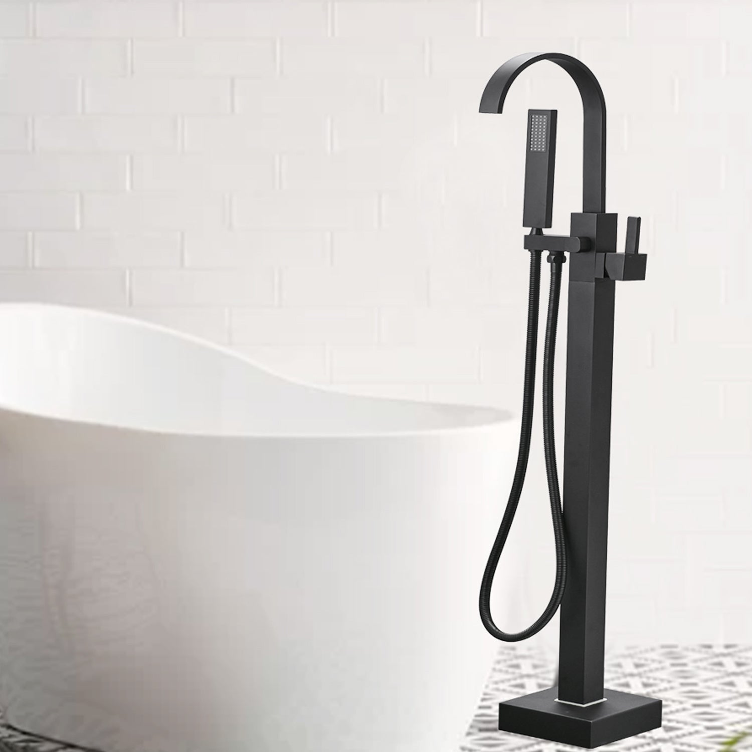 Bathtub Faucet Free Standing Floor Mounted Tub Faucet Tub Filler, Bathroom High Flow Shower Faucets with Handheld Shower in Black