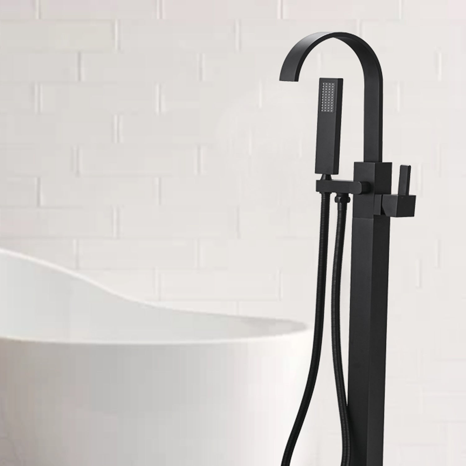 Bathtub Faucet Free Standing Floor Mounted Tub Faucet Tub Filler, Bathroom High Flow Shower Faucets with Handheld Shower in Black