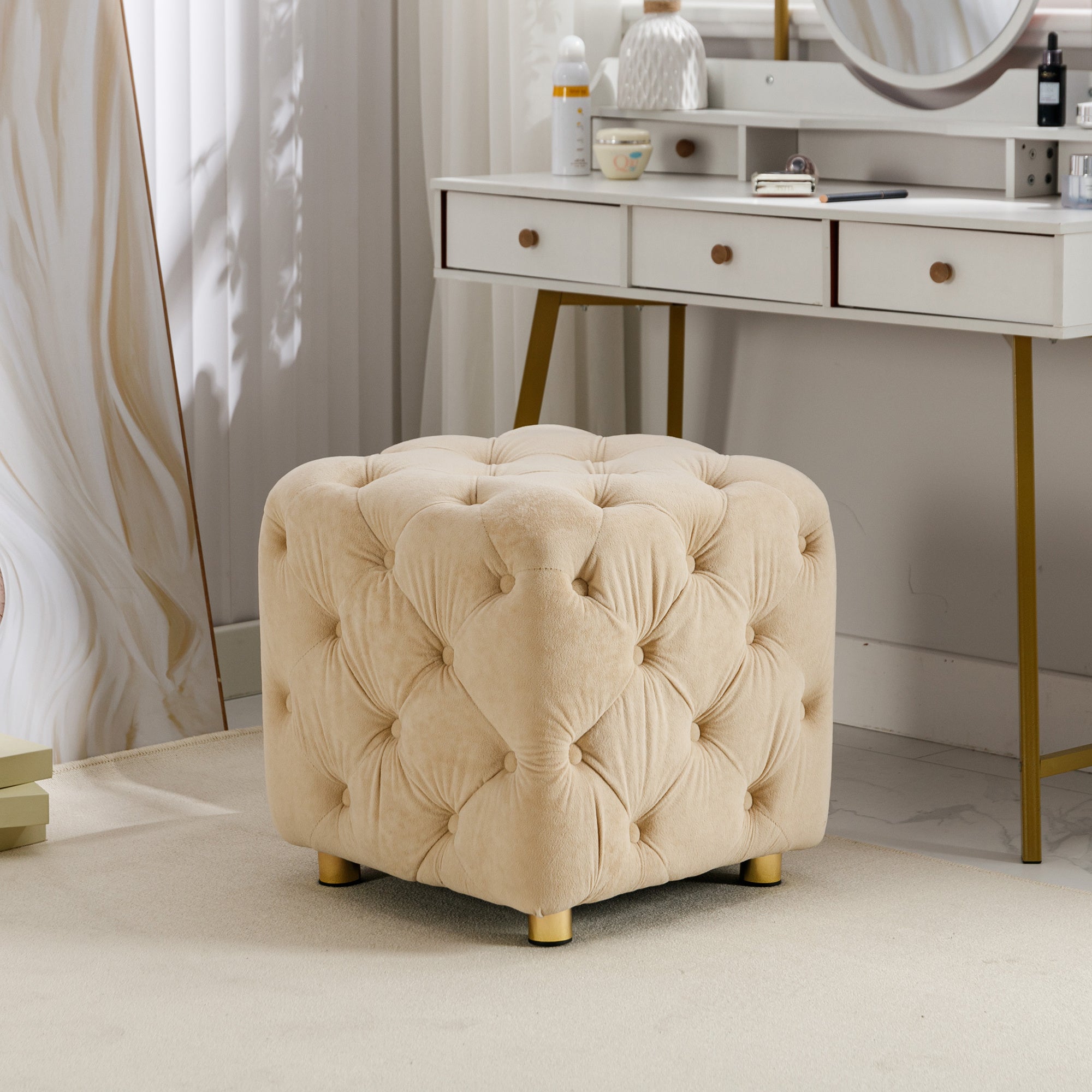 Beige Modern Velvet Upholstered Ottoman, Exquisite Small End Table, Soft Foot Stool,Dressing Makeup Chair, Comfortable Seat for Living Room, Bedroom, Entrance