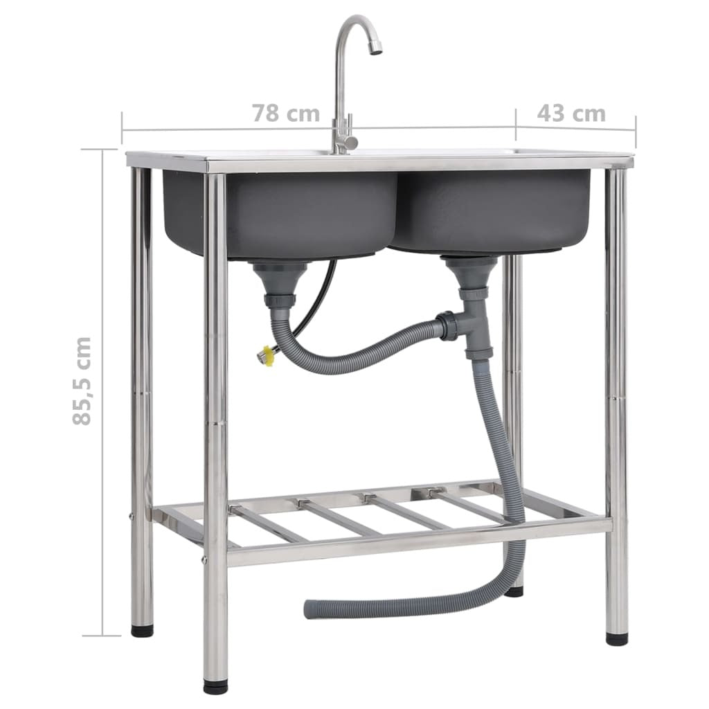 Camping Sink Double Basins with Tap Stainless Steel