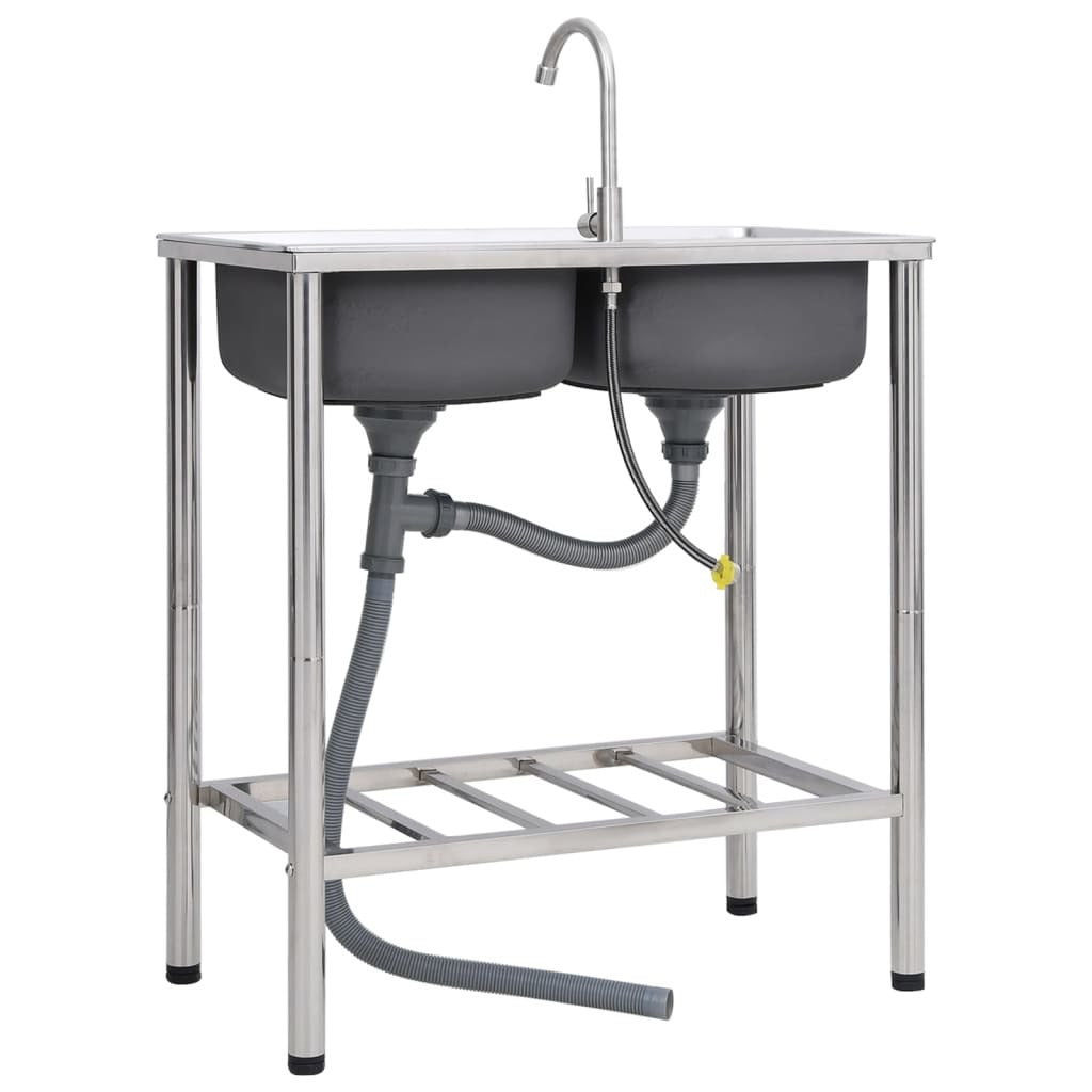 Camping Sink Double Basins with Tap Stainless Steel