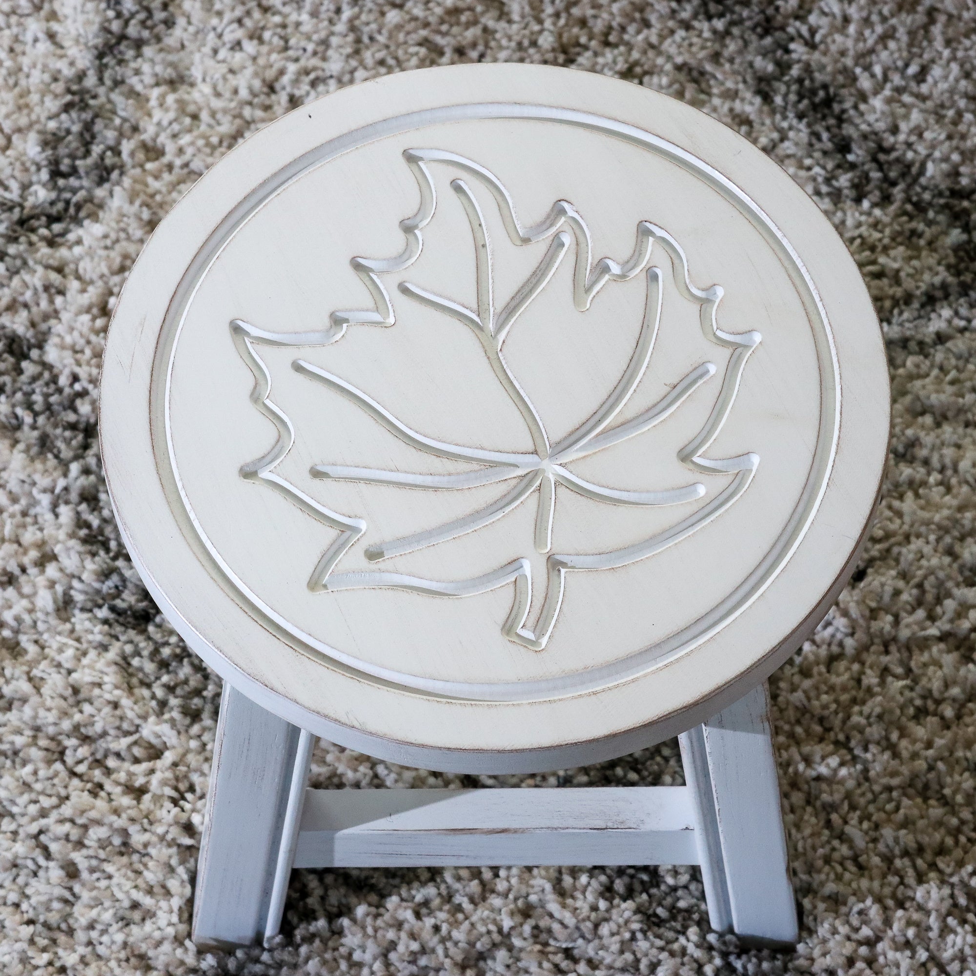 Carved Wooden Step Stool, Maple Leaf, Antique White
