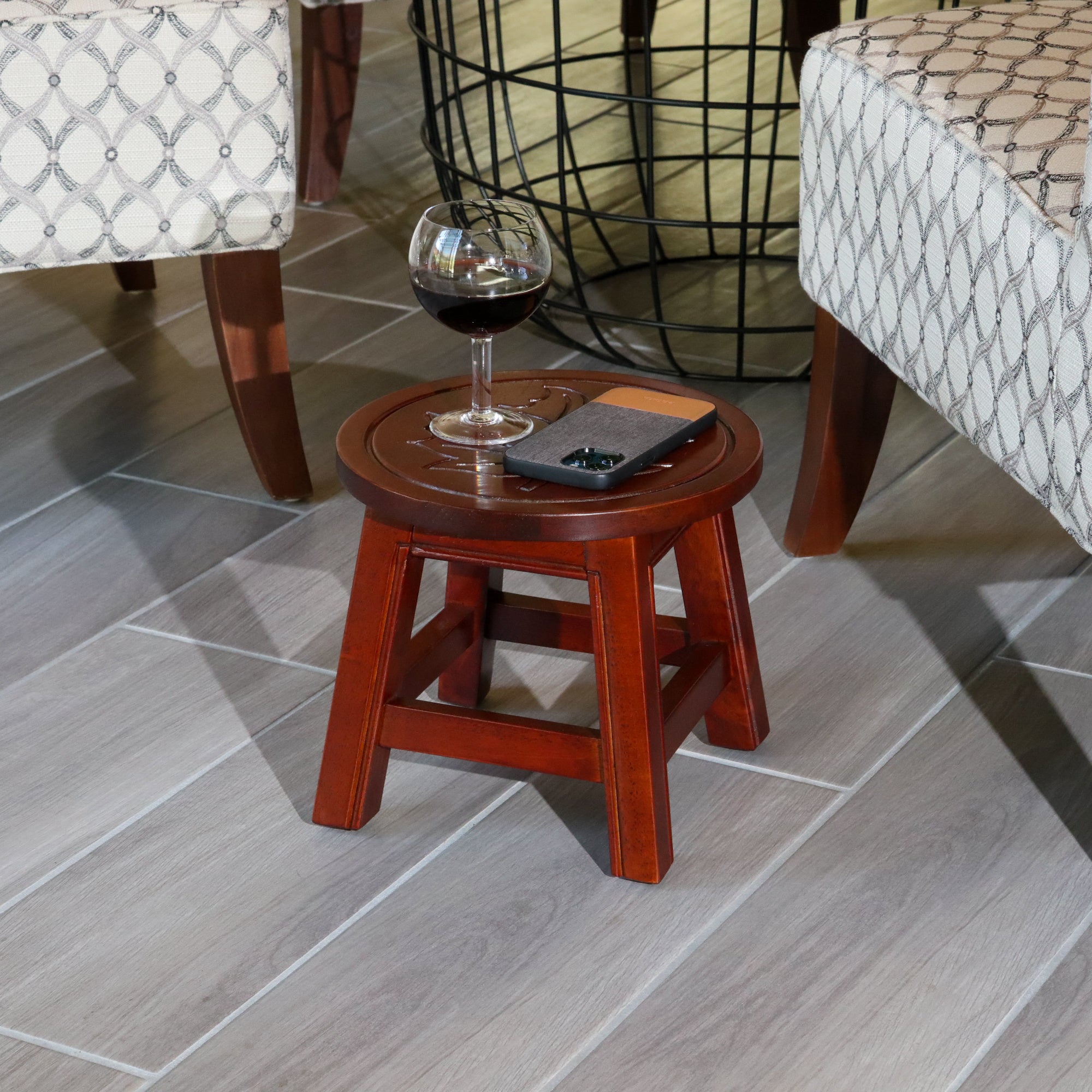 Carved Wooden Step Stool, Maple Leaf, Cherry