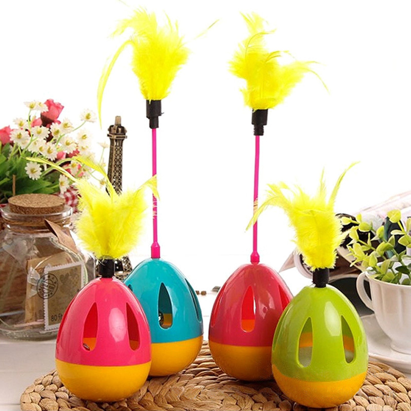 Cat Ball Feather Toy Interactive Cat Teaser & Automatic Spinning Tumbler Ball with Chirp Sound and Food Dispenser for Cats Kitten - WoodPoly.com