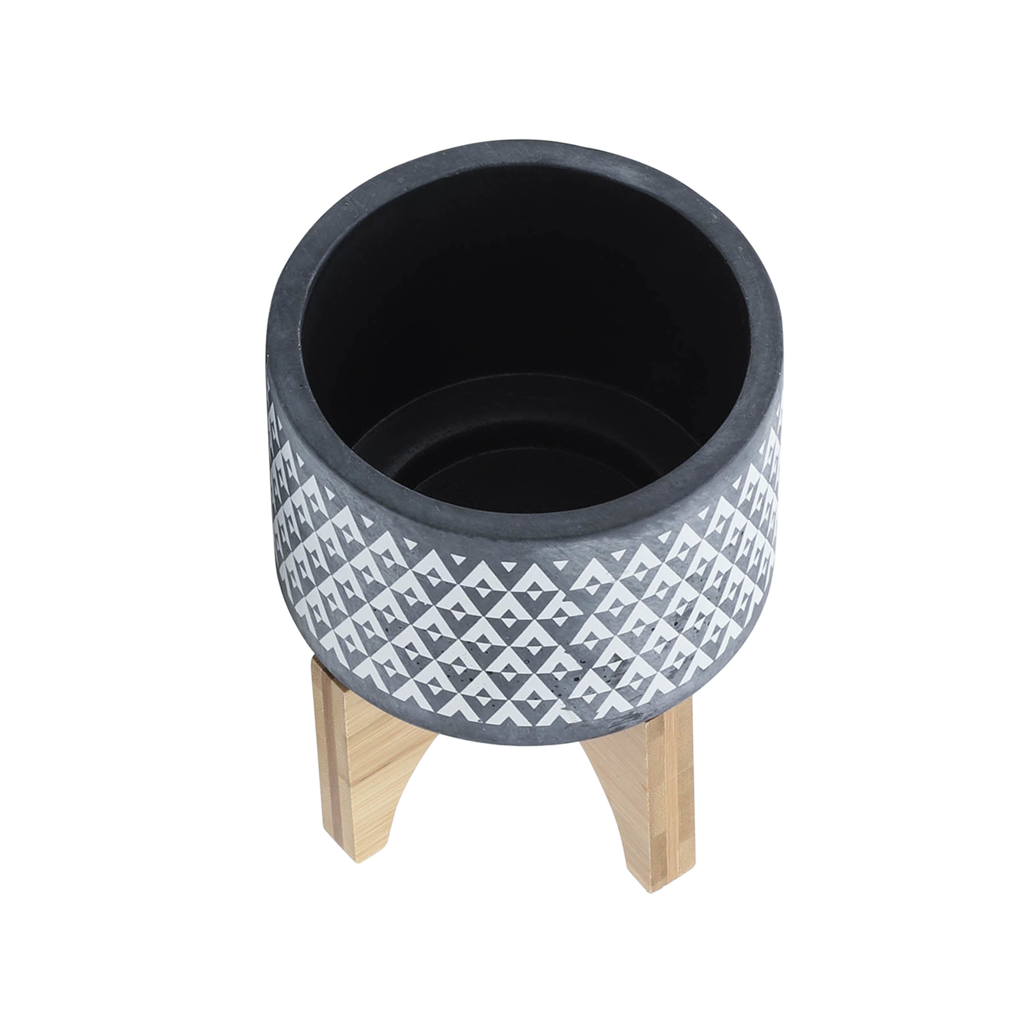CERAMIC 5" AZTEC PLANTER ON WOODEN STAND, GRAY