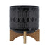 CERAMIC 8" AZTEC PLANTER ON WOODEN STAND, BLACK