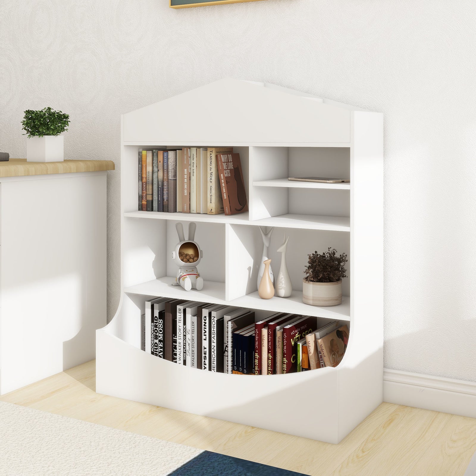 Children's Multi-Functional 7 Shelf Bookcase, Storage Display, Rack, Organizer, White,14.37