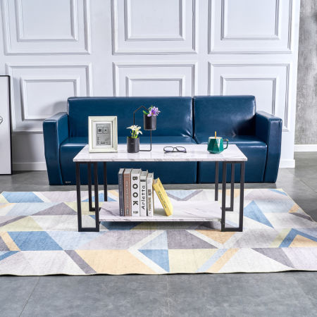 Coffee Table; 2 Layers 1.5cm Thick Marble MDF Rectangle 39.37" L Tabletop Iron Coffee Table ; Dining Room; Coffee Shop; White Top; Black Leg AL