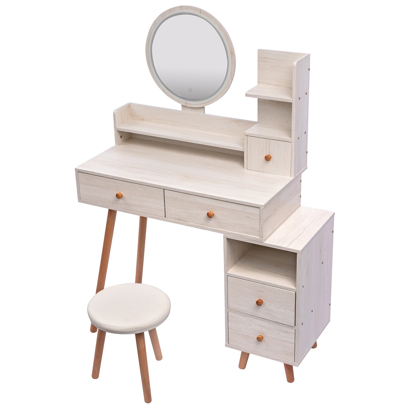 CRAZY ELF Stylish Vanity Table + Cushioned Stool, Touch Control LED Mirror, Large Capacity Storage Cabinet, 5 Drawers, Fashionable Makeup Furniture, Length Adjustable(L31.5