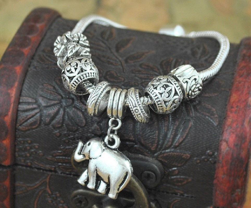 Cute Elephant Dangling Beads Charm Snake Chain Vintage Bracelet Silver Plated Beaded Bracelet - WoodPoly.com