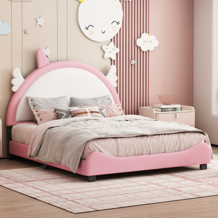 Cute Full size Upholstered Bed With Unicorn Shape Headboard,Full Size Platform Bed with Headboard and Footboard