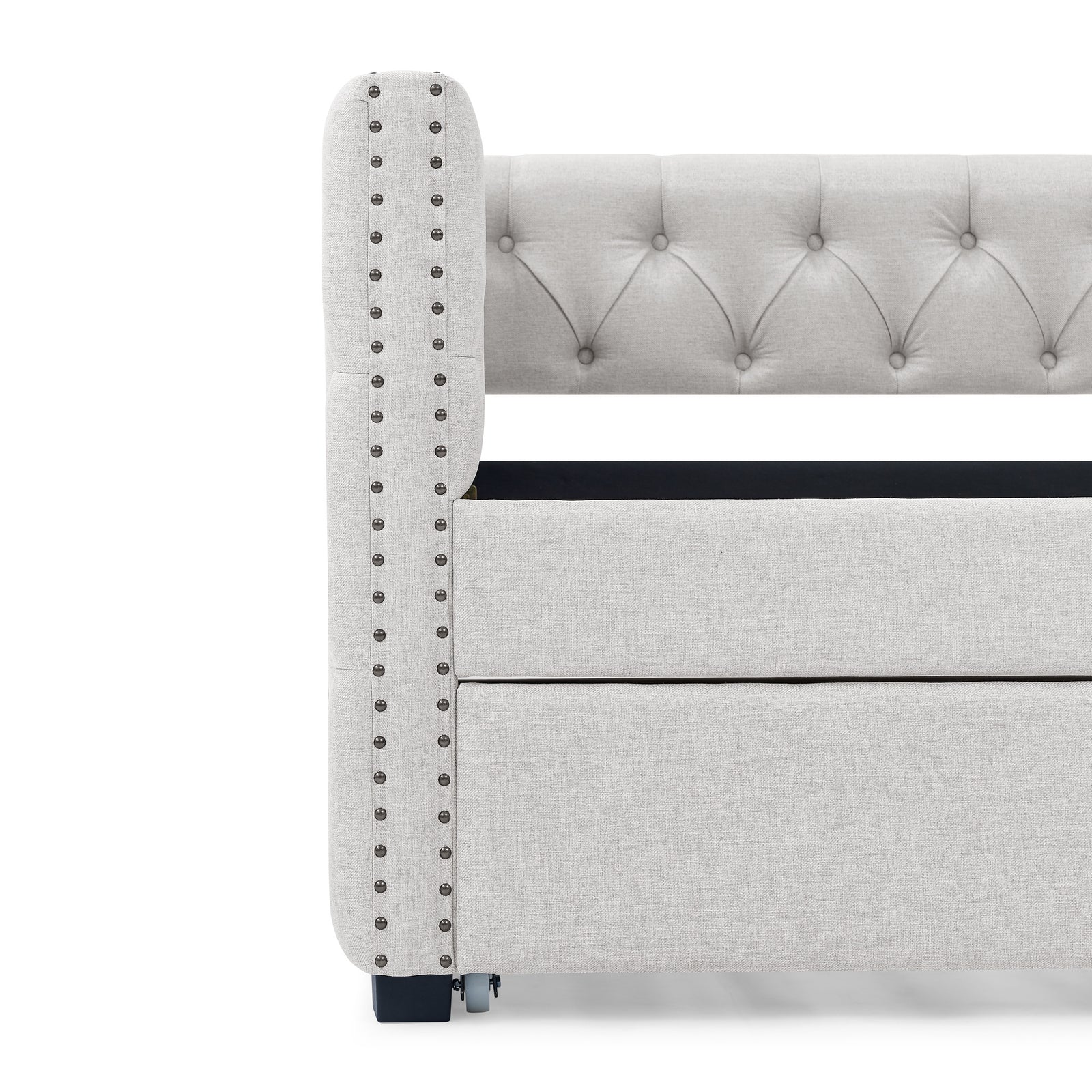 Daybed with Trundle Upholstered Tufted Sofa Bed, with Button and Copper Nail on Square Arms,both Twin Size, Beige(85
