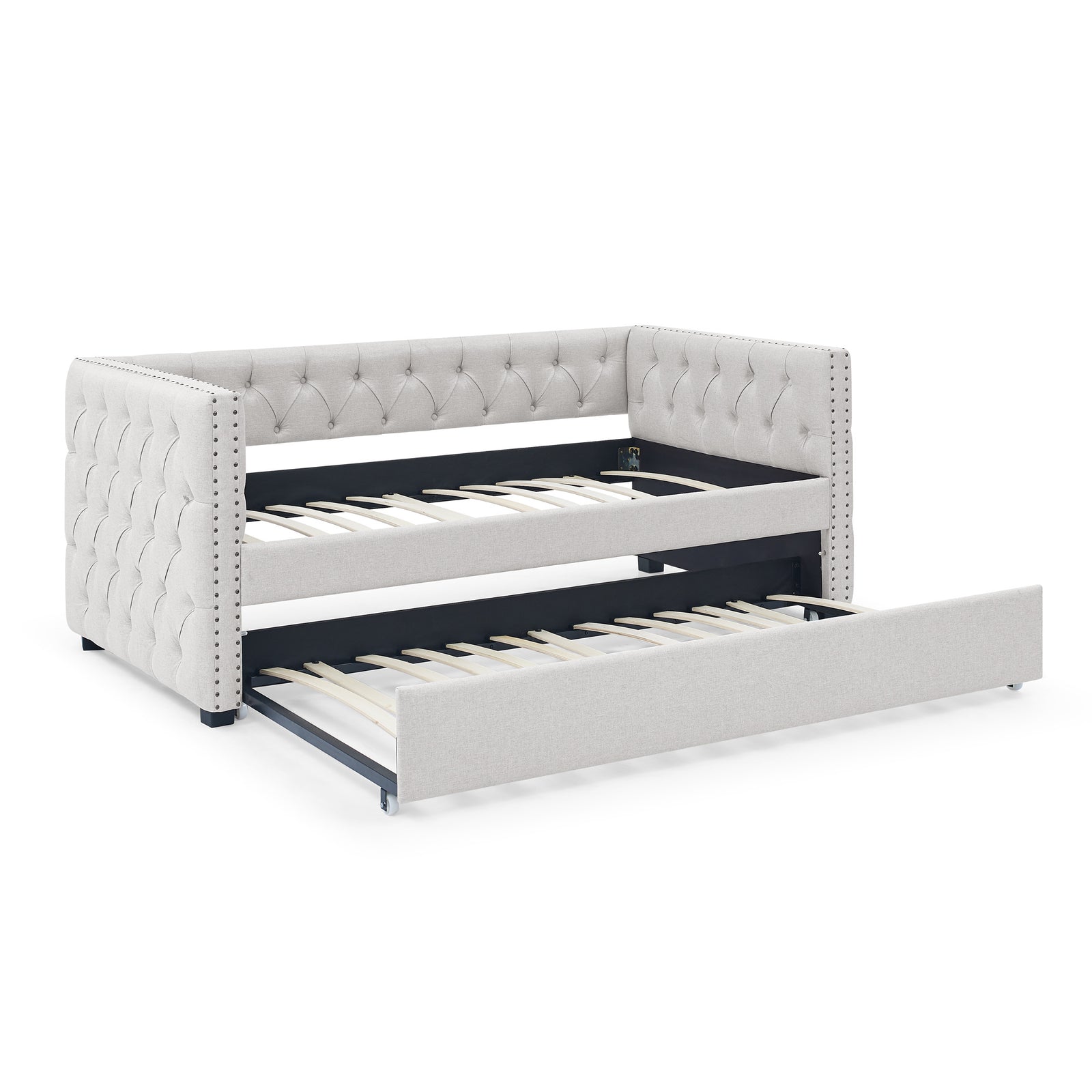 Daybed with Trundle Upholstered Tufted Sofa Bed, with Button and Copper Nail on Square Arms,both Twin Size, Beige(85