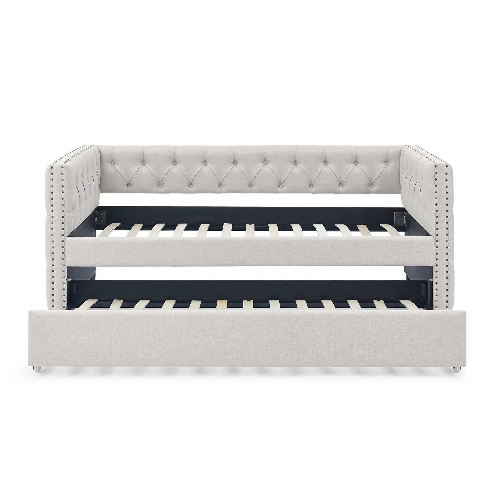 Daybed with Trundle Upholstered Tufted Sofa Bed, with Button and Copper Nail on Square Arms,both Twin Size, Beige(85