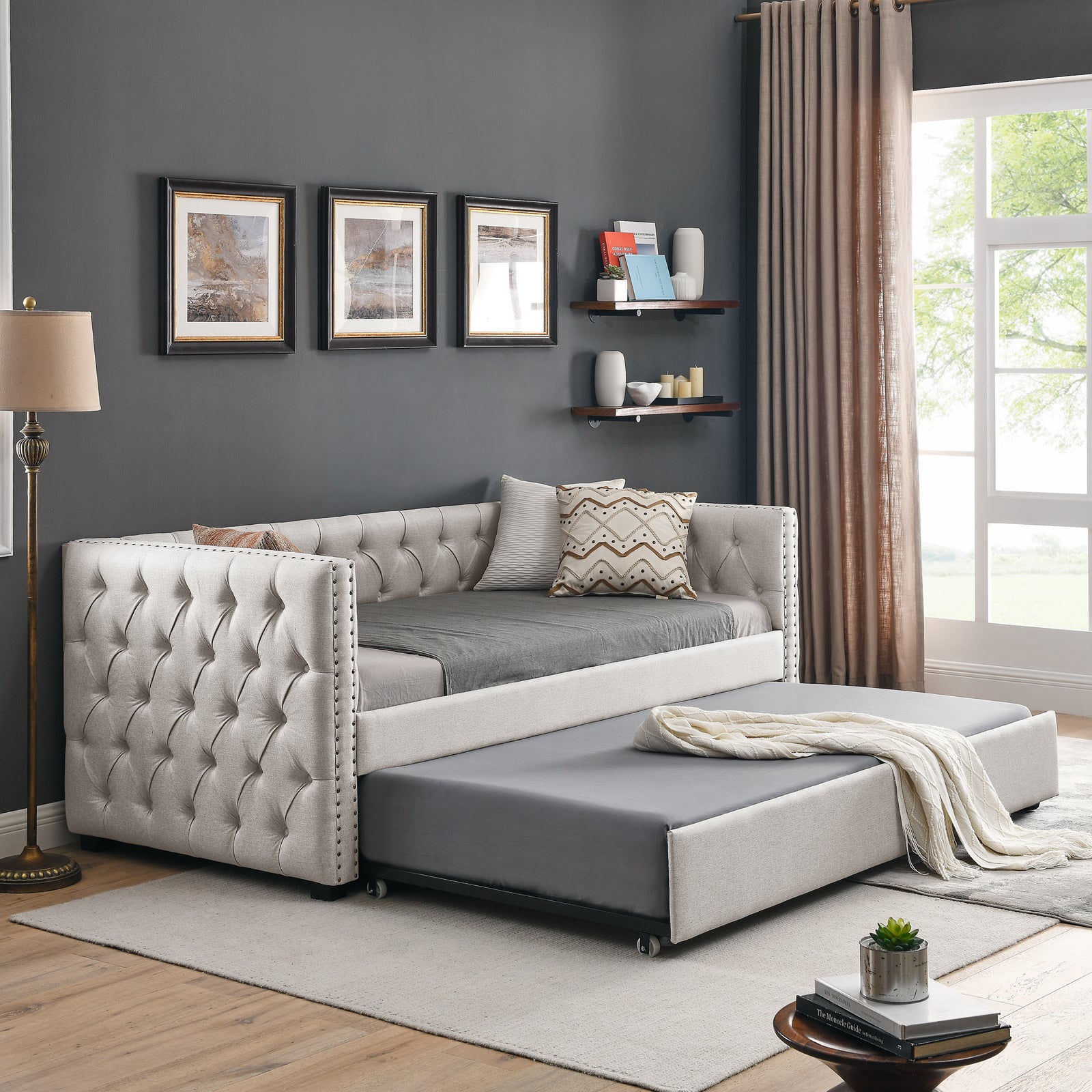 Daybed with Trundle Upholstered Tufted Sofa Bed, with Button and Copper Nail on Square Arms,both Twin Size, Beige(85