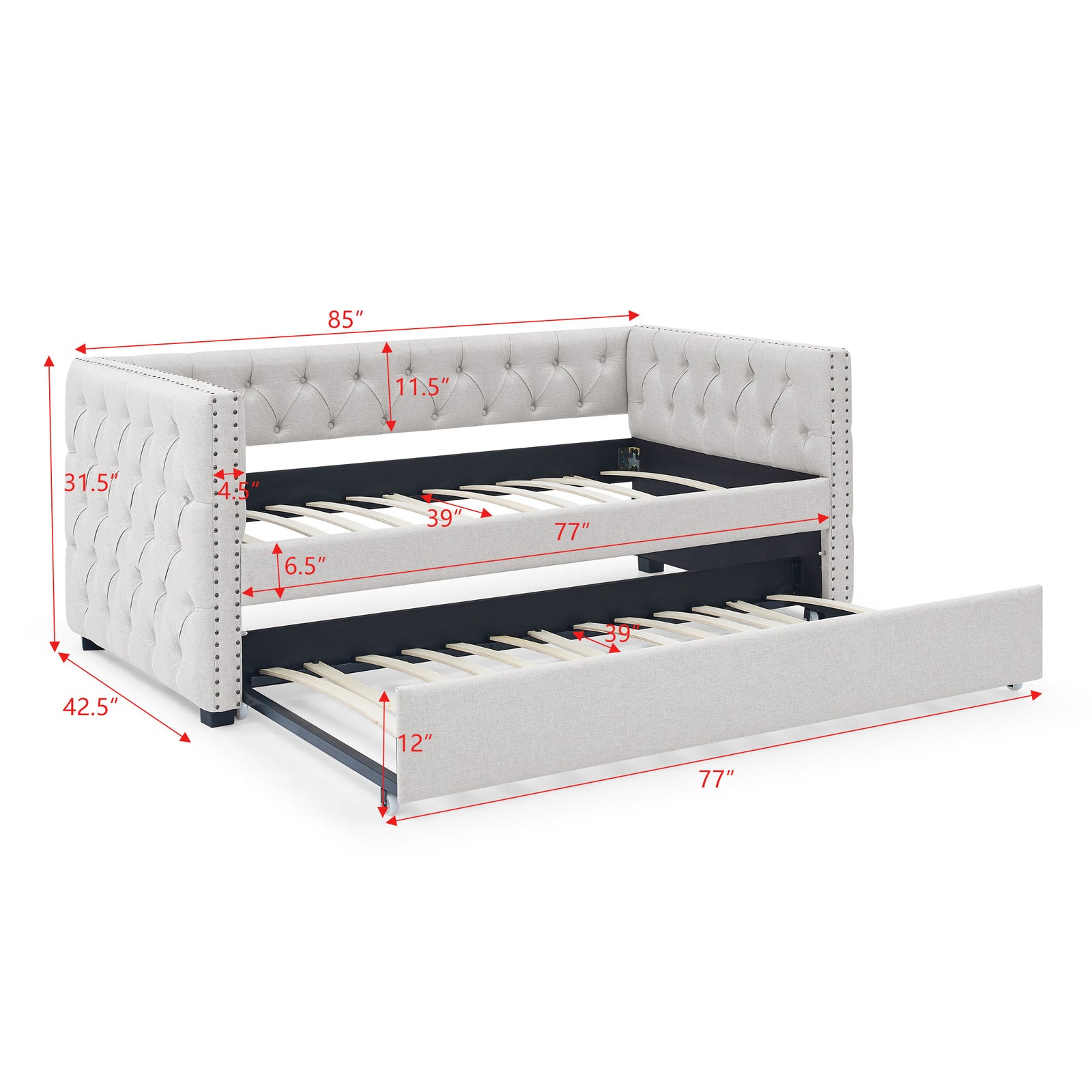 Daybed with Trundle Upholstered Tufted Sofa Bed, with Button and Copper Nail on Square Arms,both Twin Size, Beige(85